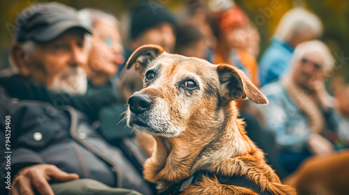 Mature Brown Dog Waiting for His Owner in a Crowded Event