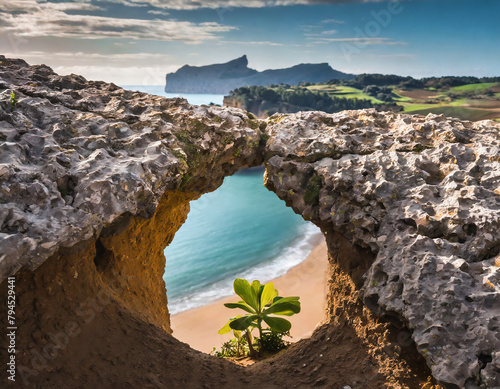 Beautiful view from the cave to the seashore and the island with a green plant on the rock