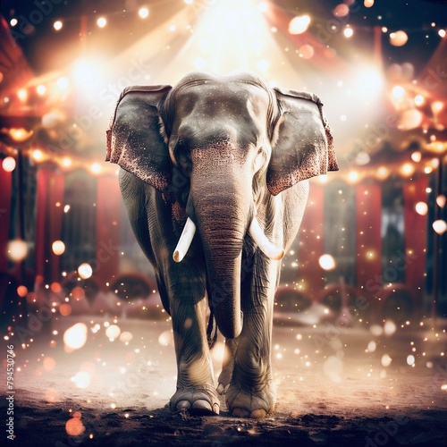 An Indian elephant, a working animal, stands by a circus tent for entertainment