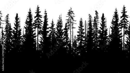 Silhouette of tall pine trees in the forest, vector illustration, black on white background, simple design, high contrast, detailed illustration