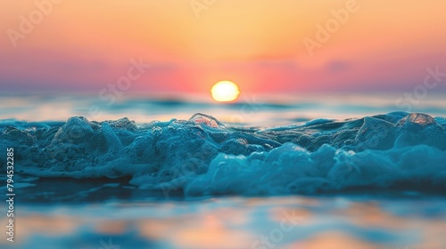 Beautiful closeup sea water surface. Sunset sunrise gold blue colors calm soft waves relaxing horizon. Dream fantasy shallow focus, blur seascape sky. Tranquil peaceful nature pattern