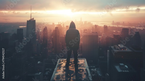 A figure in silhouette stands atop a building overlooking the sprawling city below ready to take on whatever obstacles come . .