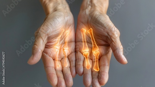 Hands with arthrosis, arthritis or psoriatic arthritis, inflammatory of joints, pain, concept of health condition being reduced. and restricted.