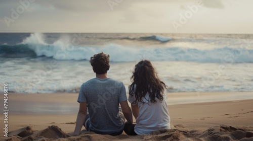 A young couple sits on a sandy beach backs turned to the camera as they stare out at the crashing waves. With hands intertwined . .