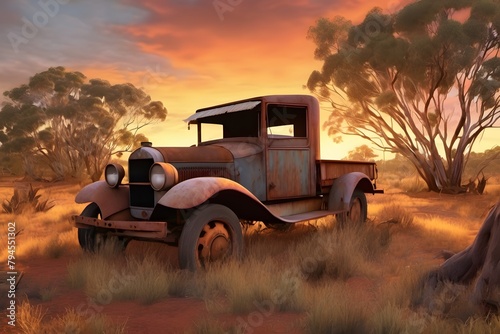 Forgotten relic: A 1920s truck rusts away in the vastness of the Australian Outback, a silent witness to time's passage. Pub menu decoration