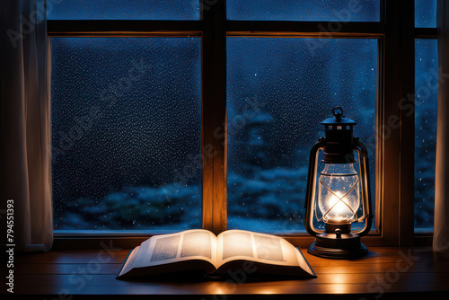 Illustration de journal de souvenirs. Vue des gouttes de pluie mouillant la fenêtre en bois avec un éclairage tamisé de lanterne et un livre ouvert usé