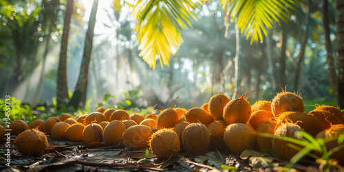 Tropical coconut bounty in jungle setting