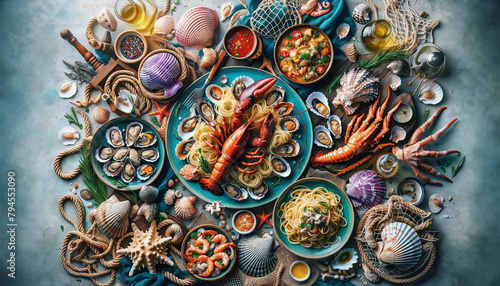A top-down view of an Italian seafood festival, featuring grilled octopus, seafood risotto, linguine with clam sauce, and fresh oysters, with nautical decorations