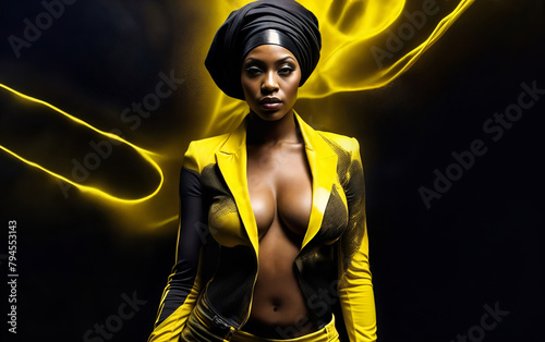 African american model with an afro and yellow suit with deep cleavage poised amidst a backdrop of flowing fluid-like fabric