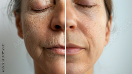 Side-by-side comparison showcasing remarkable improvement woman's skin. The woman in the left photo has wrinkles and sagging skin, while the woman in the right photo has smooth, youthful skin.