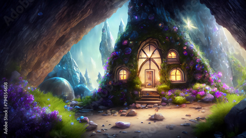 A hidden fairy house nestled within a sparkling crystal cave. Generative Ai