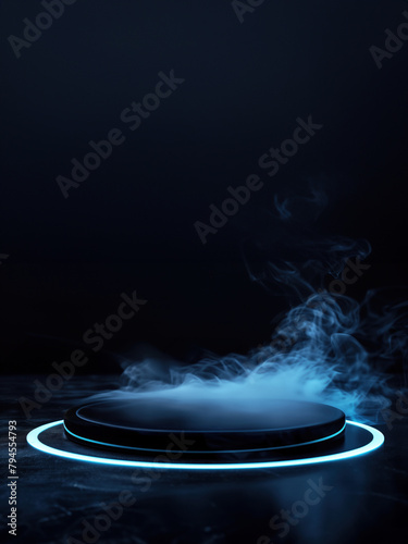 A black round podium with a white light on it surrounded by smoke. Modern, futuristic product presentation template, display mockup, stage pedestal or platform 3D render style