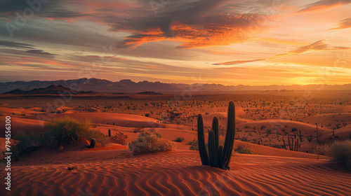 Vast desert under a serene twilight with rolling sand dunes and lone cacti