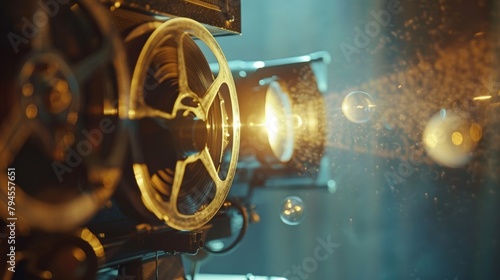 Soft hazy orbs of light swirling around an antique film projector evoking a sense of nostalgia and oldworld charm. .