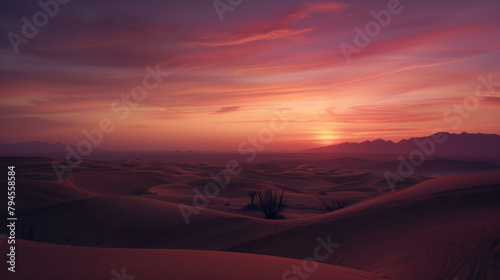 Vast desert under a serene twilight with rolling sand dunes and lone cacti