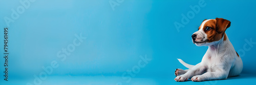 Cute puppy animal shelter volunteer banner. Adorable puppy on blue background with copy space.
