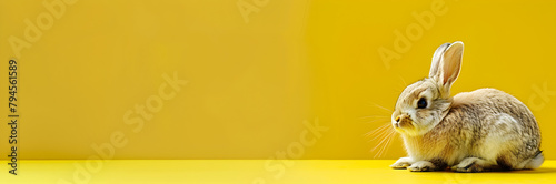 Fluffy bunny animal shelter volunteer banner. Cute bunny on yellow background with copy space.
