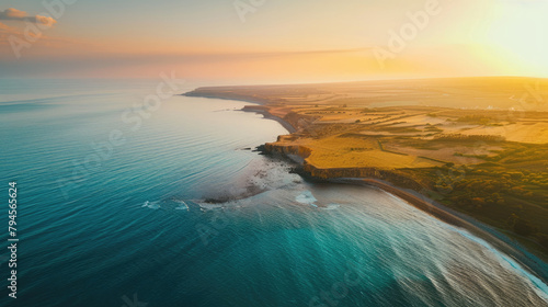 Golden sunrise over serene coastal cliffs and gentle waters of a tranquil seaside