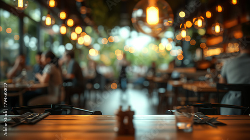 realistic photo blurred restaurant background with some people eating and chefs and waiters working . high resolution, superdetail, 16k