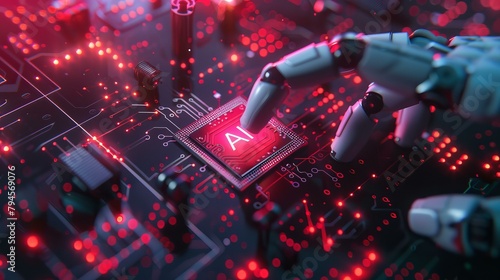 Futuristic red and black artificial intelligence chip installation by robotic hand, symbolizing innovation and technology advancement in modern world.