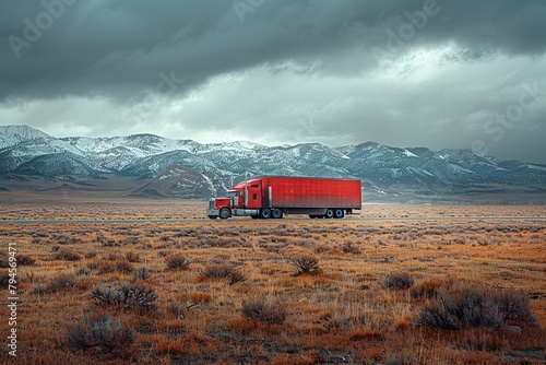 Red semi truck rolls through desert with mountains, cumulus clouds in sky