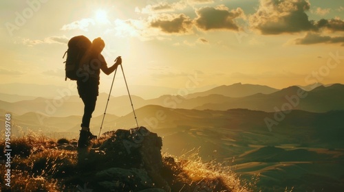 A silhouette of a hiker backpack and walking stick in hand stands atop a hill taking in the breathtaking view of the rugged terrain . .