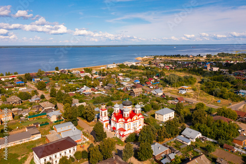 Aerial view of church of the Life-Giving Trinity and the Volga river. Kozmodemyansk city. Russia