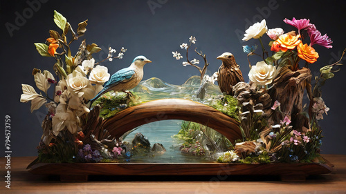Wooden decorative aquarium with birds and flowers on a dark background