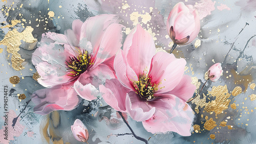 Pink flowers with gold splashes on canvas.