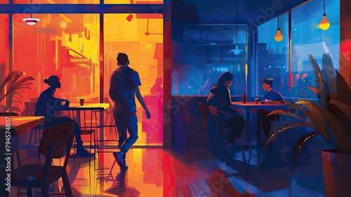 an illustration of a man leaving a coffee shop in a hurry while his friend is still sitting in his table, glowing dark vibes