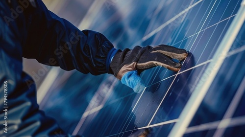 A man wearing a black jacket and gloves is touching a solar panel. Concept of technology and innovation, as the man is interacting with a device that harnesses solar energy