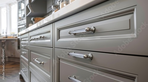 Elegant gray kitchen cabinet doors with vintage design and modern stainless steel handles