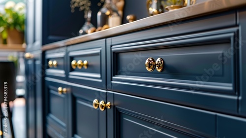 Elegant navy blue cabinet doors with shiny golden handles displayed in a market-like setting