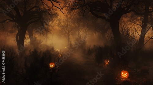 A mysterious fog enveloping a spooky forest, with the silhouettes of dead trees looming over a trail of sinisterly glowing pumpkins.