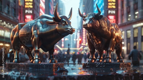 Imposing bull and bear bronze statues face off on a wet urban street, depicting market competition.