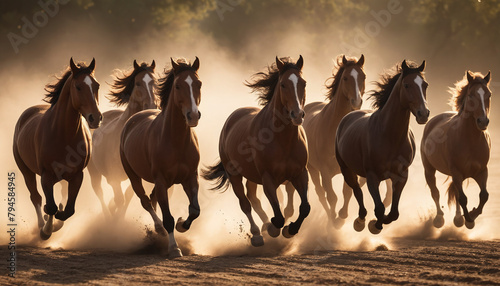 Herd of Horses Running in Dusty Sunset