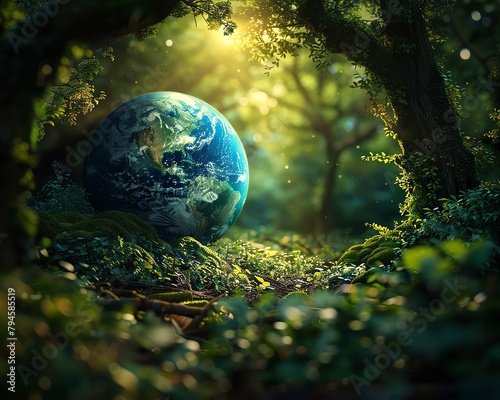 Fantasy forest scene with Earth nestled in the underbrush, a network of trees growing out of the planet, visualizing a harmonious Earth