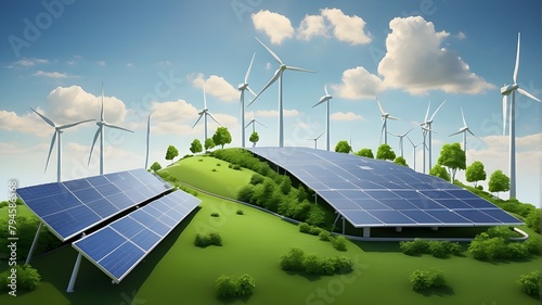 Conceptual illustration of green energy integration with solar panels, wind turbines, and environmentally friendly technology