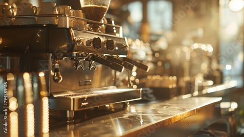 The hazy dreamlike image of a barista station softly lit and strewn with shiny espresso machines and rows of spotless gleaming cups. .