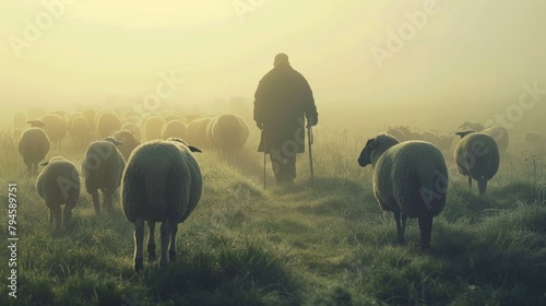 In the early morning light a flock of sheep follows their shepherd as he leads them to greener pastures. The dewy grass and misty atmosphere create a dreamy peaceful atmosphere for .