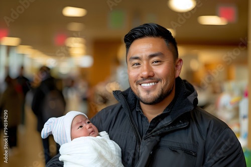 Un padre joven asiatico soteniendo a su bebe en brazos sonriendo. Dia del padre