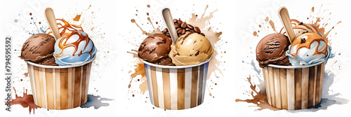 Three cups of ice cream with toppings, splashes create a dynamic effect. Each cup has a wooden spoon