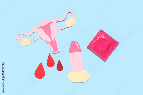Paper male and female organs with condom on blue background. Sex education