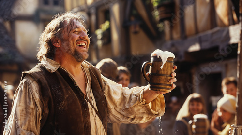 Drunken peasant raises his tankard with a smile on his face