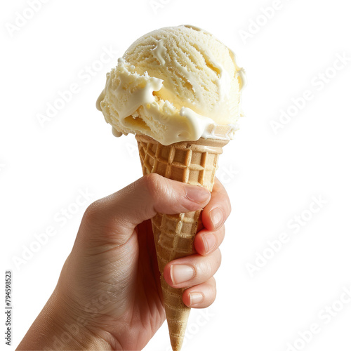 A hand gripping a half eaten vanilla ice cream set against a clean transparent background with a transparent background