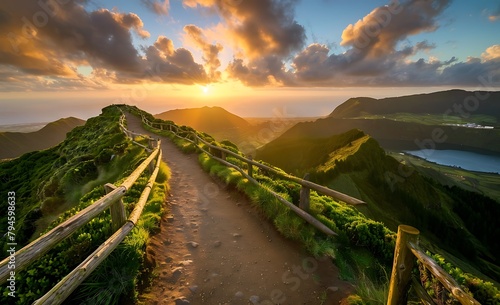  A path leads to the top of Pico, Azores in Portugal at sunrise with beautiful clouds and green mountains. A wooden fence runs along it, leading up towards an emerald blue lake on one side 