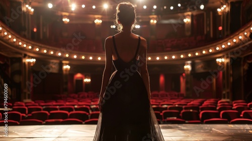 A woman in a flowy black dress stands on the stage back turned to the camera as looks out into the empty theater lost in thought. . .