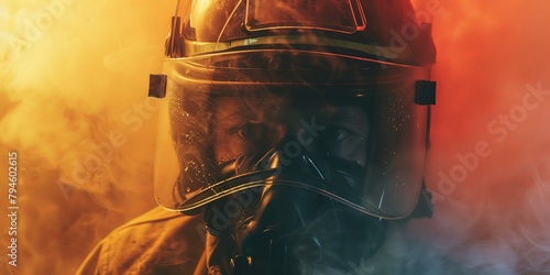 A close-up of a firefighter's determined expression, visible through the visor of their helmet, as they enter a smoke-filled building