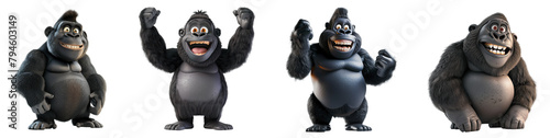 Set of 3D cute happy cartoon gorilla, isolated on white background, png