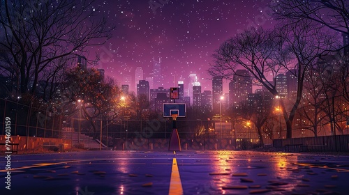 basketball, epic pose, yellow and purple, basketball court, city background, 8k resolution, basketball game 